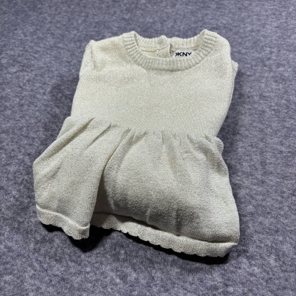 DKNY Girls Cream Tiered Knit Dress with Puff Sleeves - Picture 10 of 11